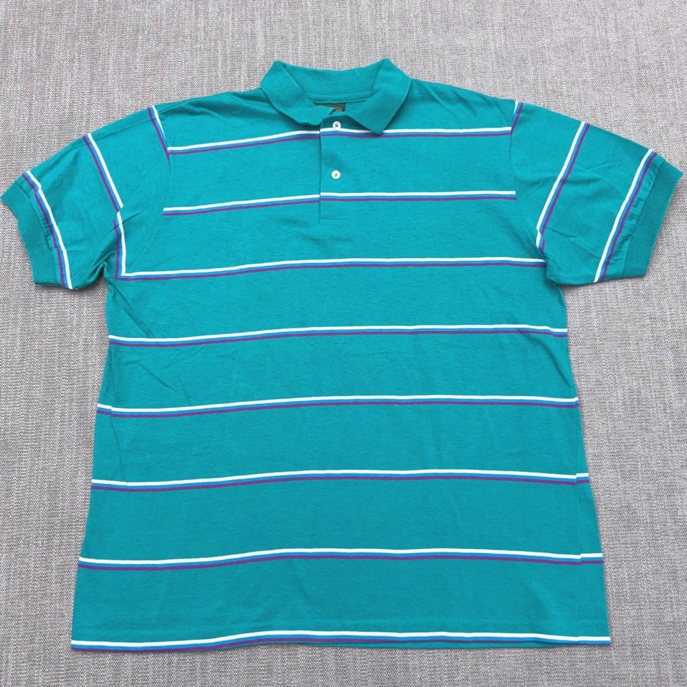 Neil Martin Vintage Mens Teal Striped Polo Shirt Large 100% Cotton Made in USA